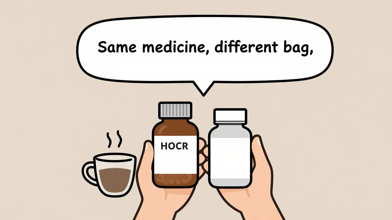 Patient holding two pill bottles with a coffee cup and speech bubble saying 'Same medicine, different bag.'