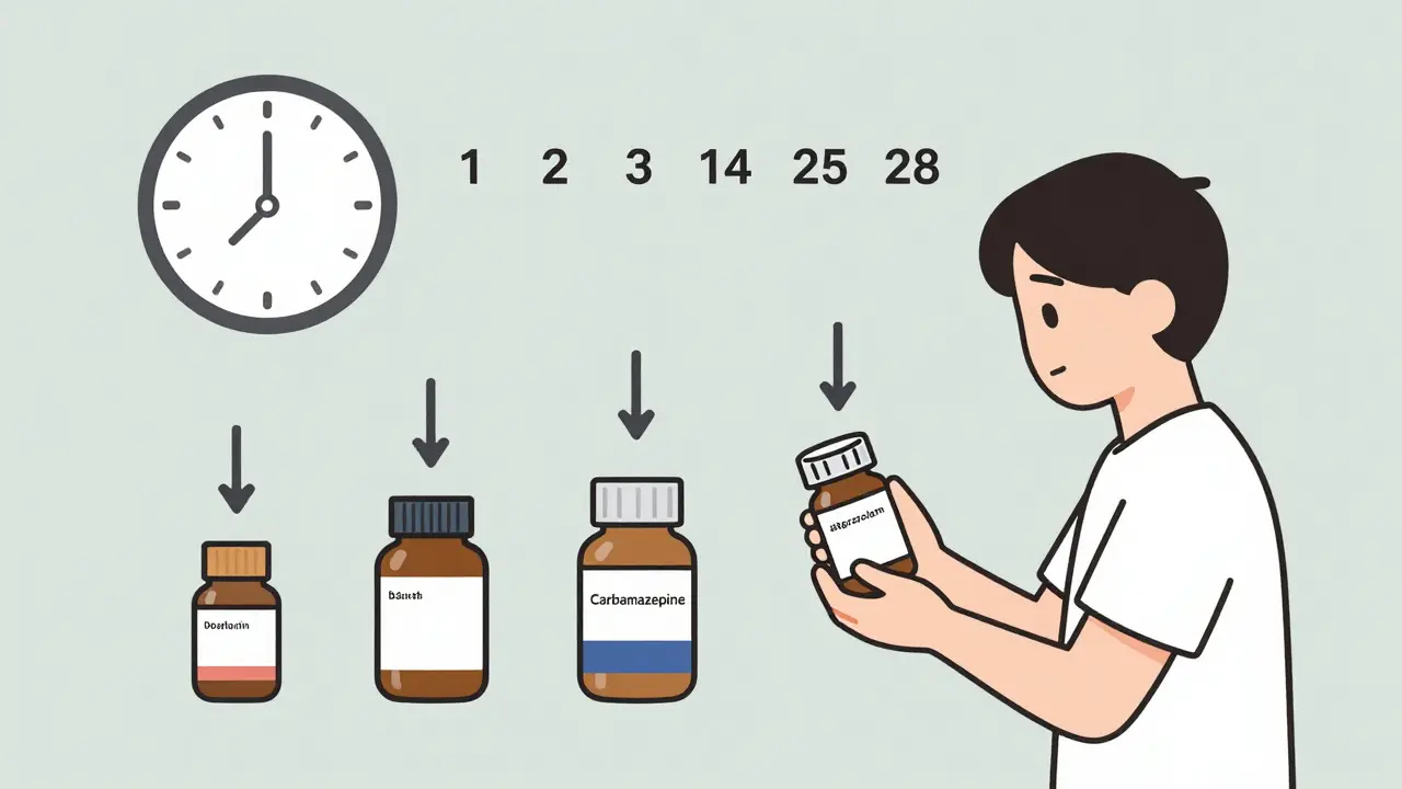 Patient with shrinking medication bottles as carbamazepine reduces drug effectiveness over time.