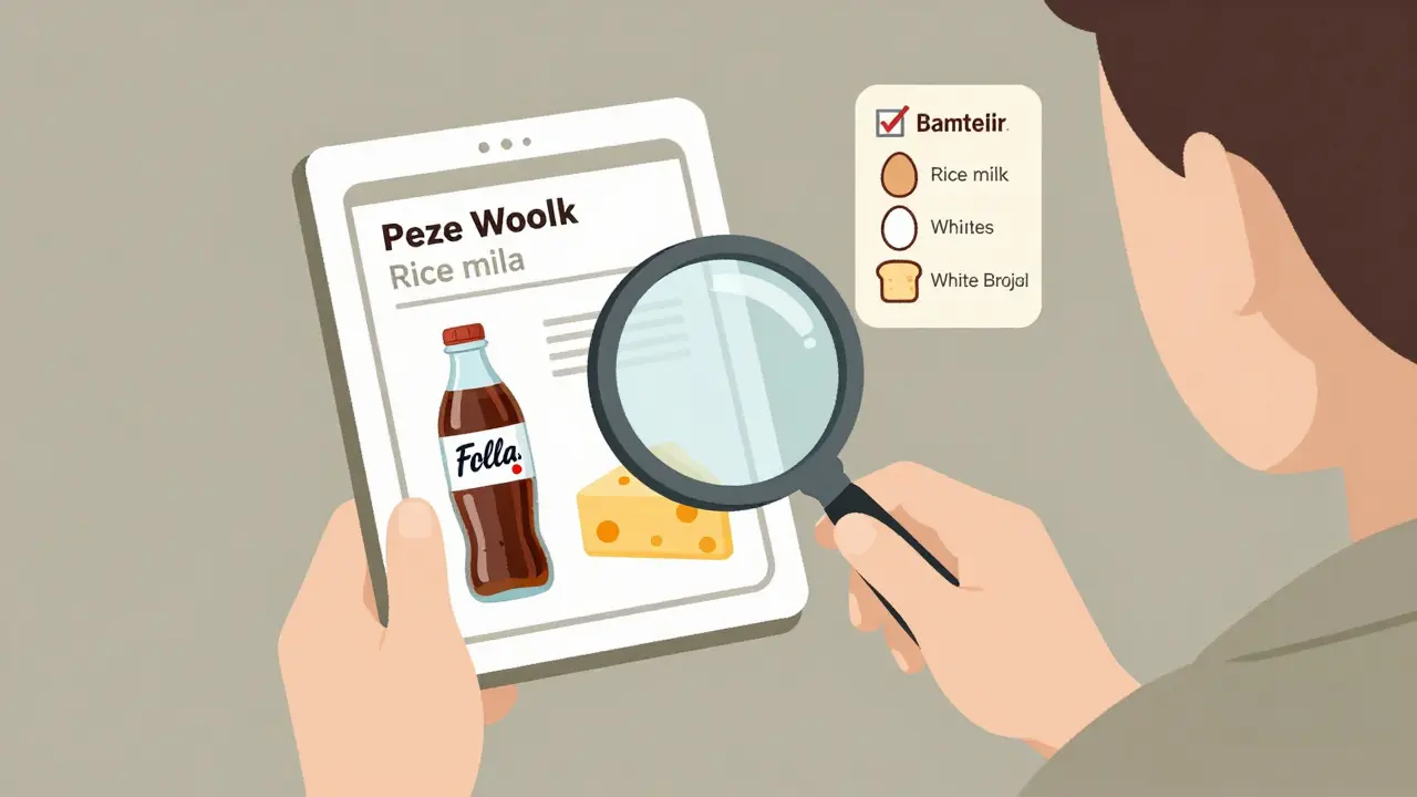 Person examining food label with safe phosphorus swaps shown as simple icons nearby.