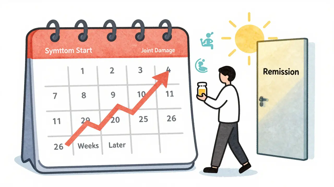 Person walking from joint damage toward remission with lifestyle support icons around them.