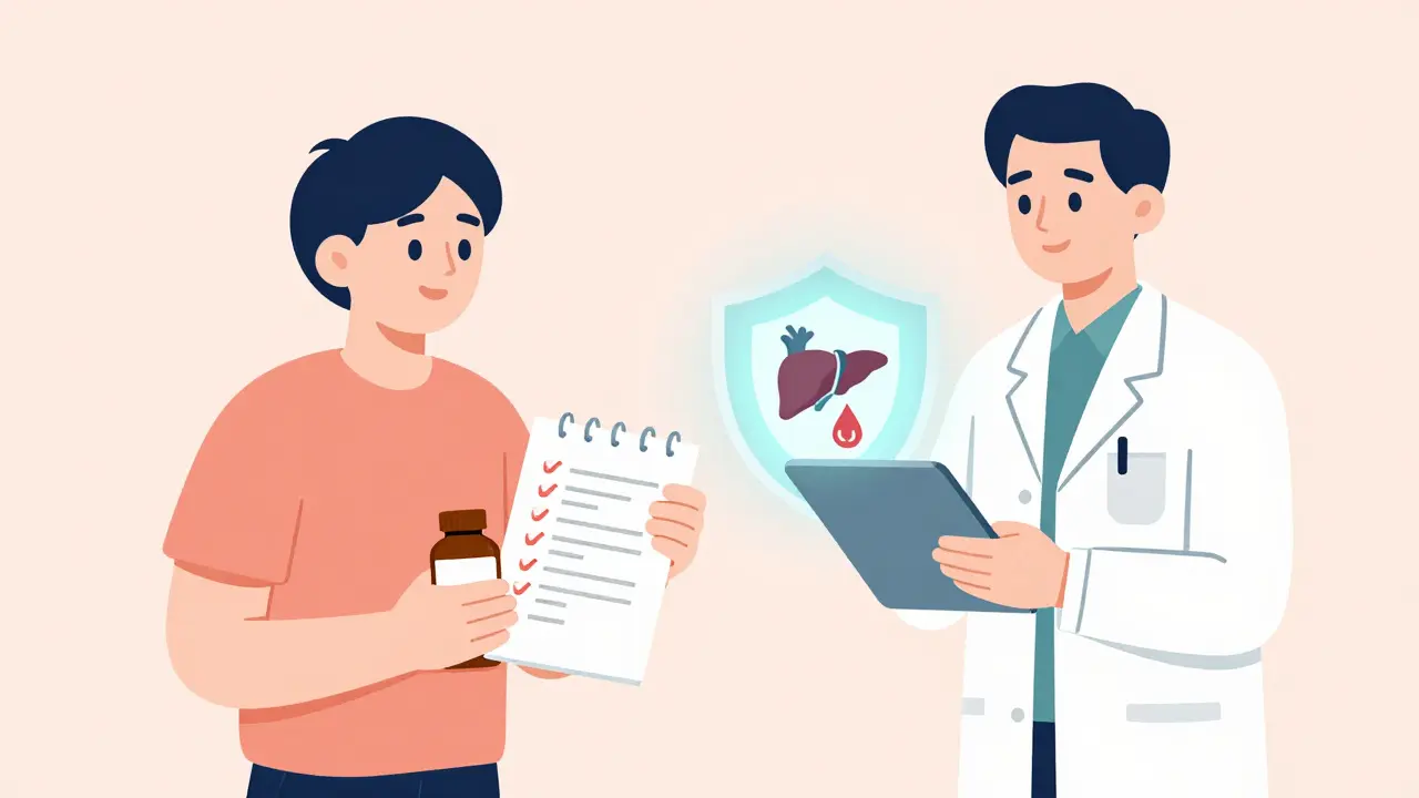 Person with medication list and pharmacist using a safety shield to block dangerous drug interactions.