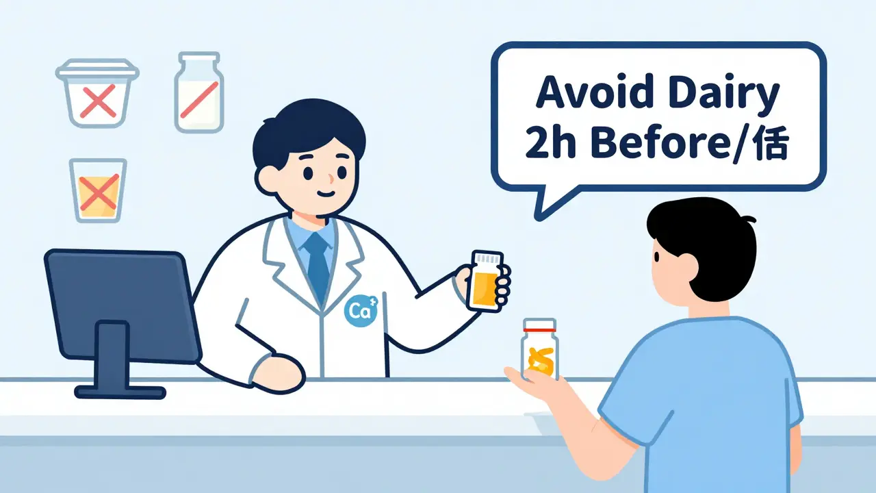 Pharmacist advising patient about dairy interactions with antibiotic, calcium warning icons visible