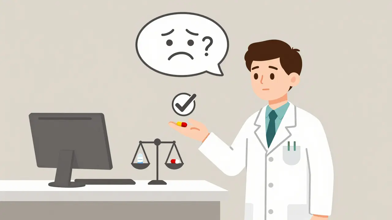 Pharmacist explaining two different pills to a patient with a thoughtful expression.