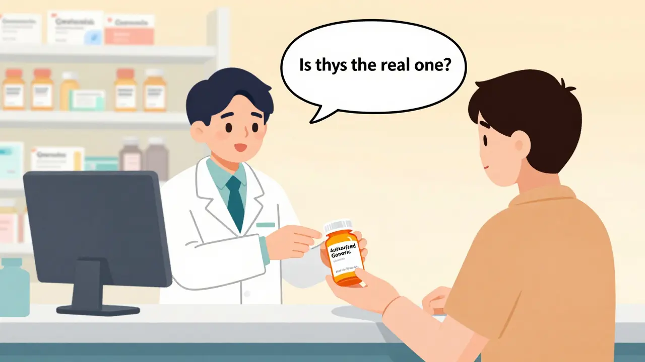 Pharmacist hands patient a bottle labeled 'Authorized Generic' with subtle brand logo, others fade in background.