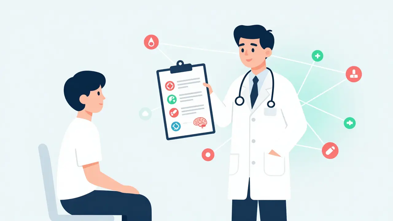 Pharmacist reviewing medication interactions with genetic and AI symbols in background.