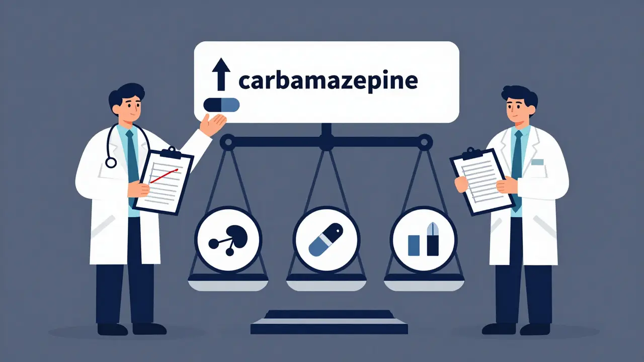 Scale showing carbamazepine autoinduction causing other drugs to lose potency.