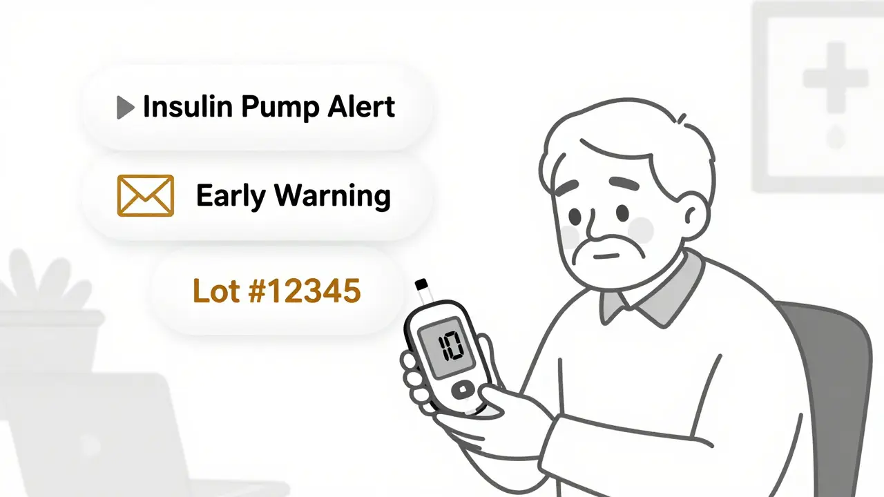 Senior holding glucose monitor with safety alert emails floating nearby.