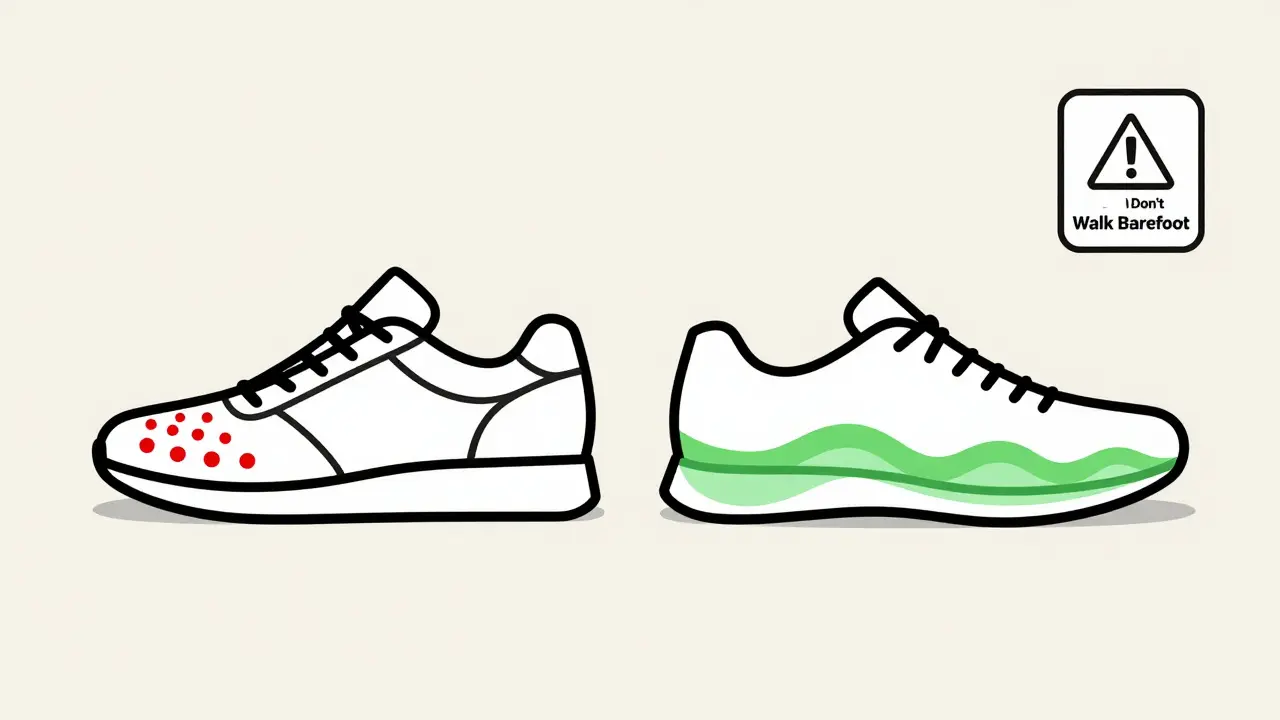 Side-by-side comparison of regular shoes causing pressure points versus therapeutic shoes with even pressure distribution.