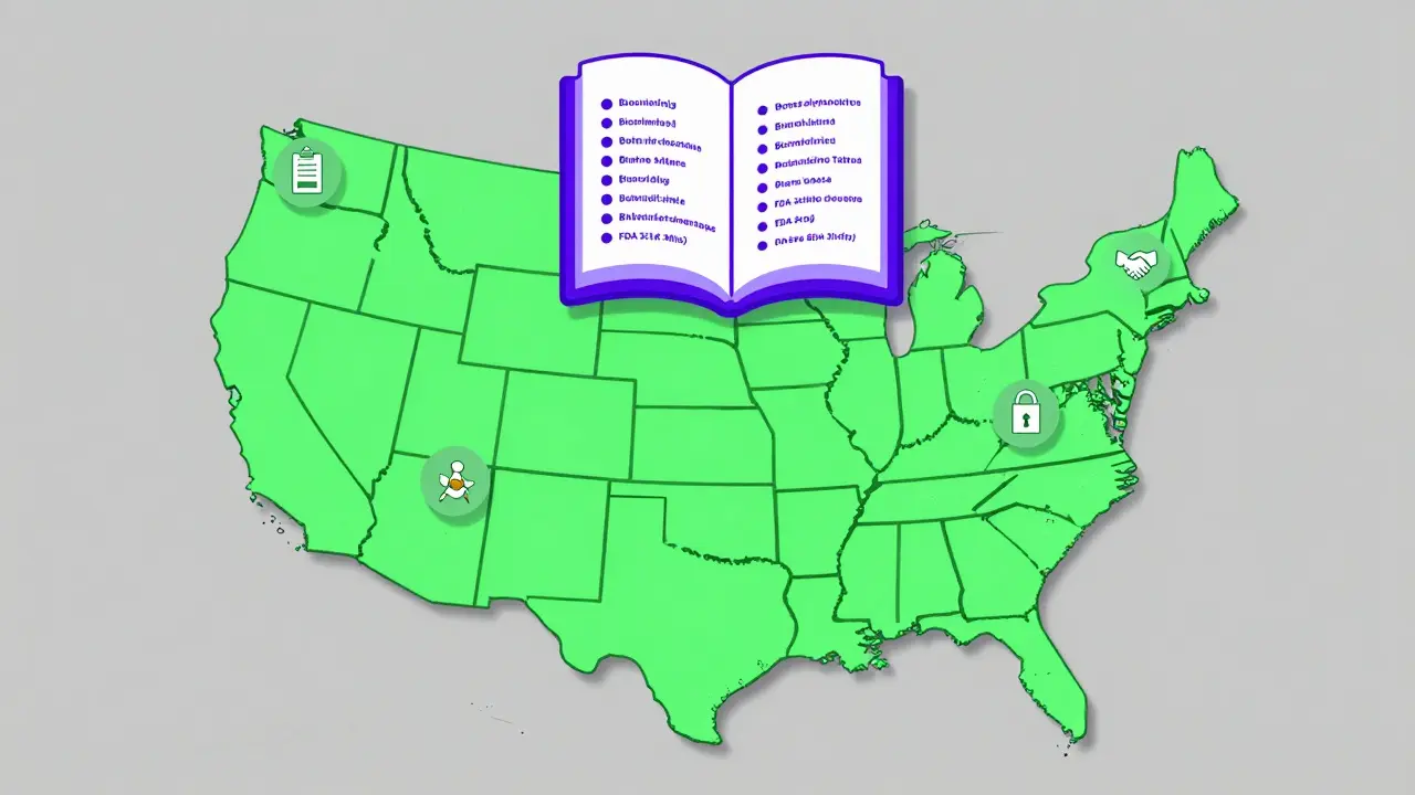 Simplified U.S. map showing states with different substitution rules for biosimilars.