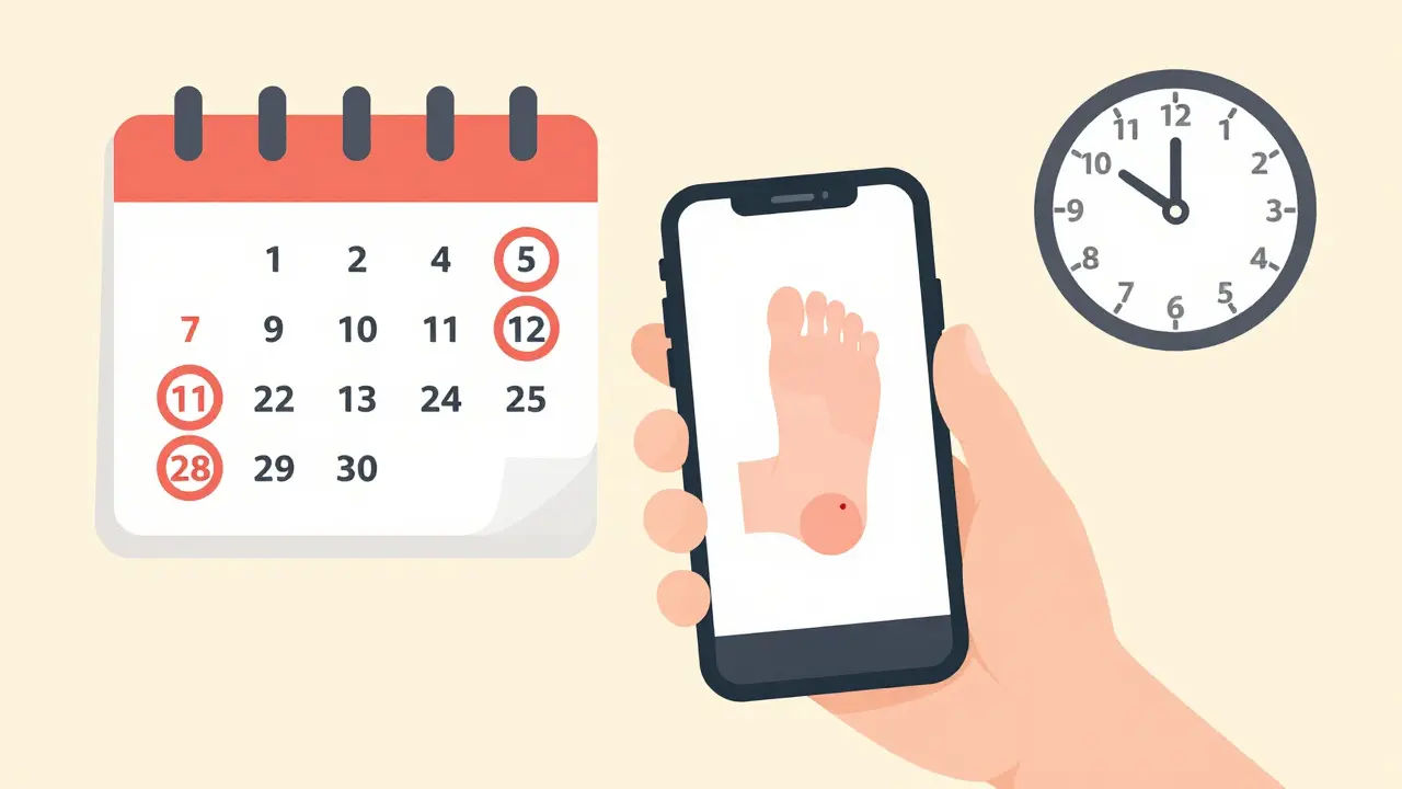 Smartphone showing a foot photo with a red spot, next to a calendar marked for daily inspections.