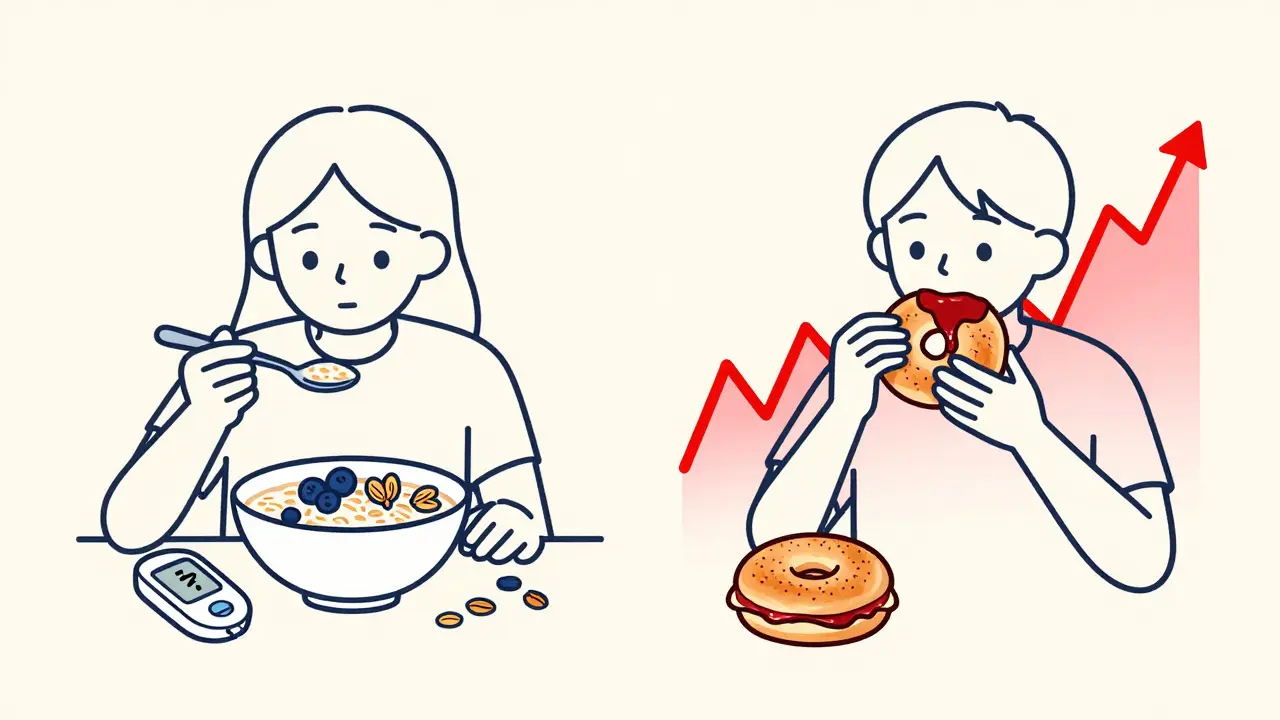 Split scene: healthy meal with steady glucose vs. sugary meal with spike