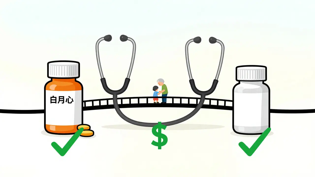 Stethoscope bridging brand and generic pill bottles, with dollar signs turning into checkmarks and a grandparent playing with a child.