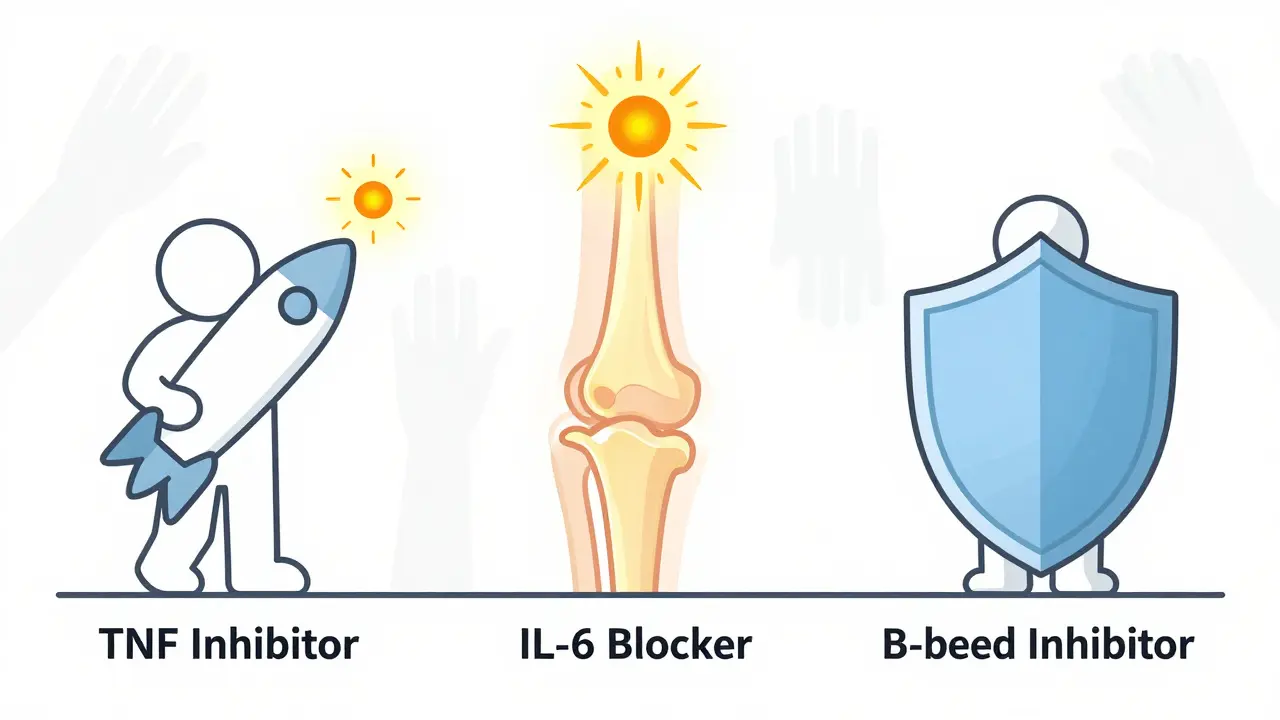 Three biologic therapies depicted as abstract symbols targeting inflammation in joints.