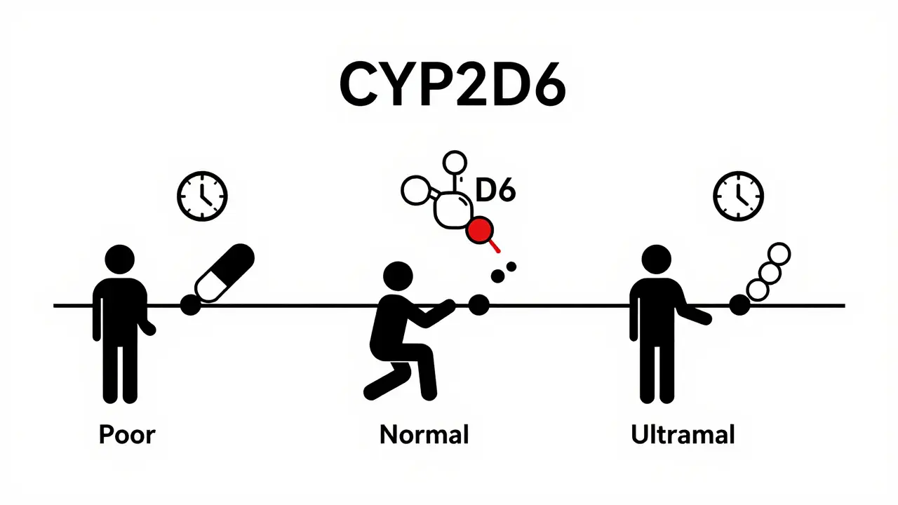 Three genetic metabolizer types processing pills at different speeds near a CYP2D6 enzyme