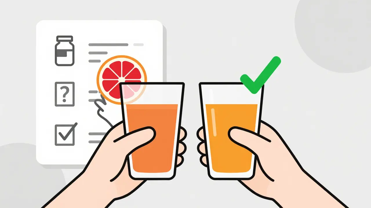 Two juice glasses side by side — one forbidden, one safe — with a doctor's checklist.