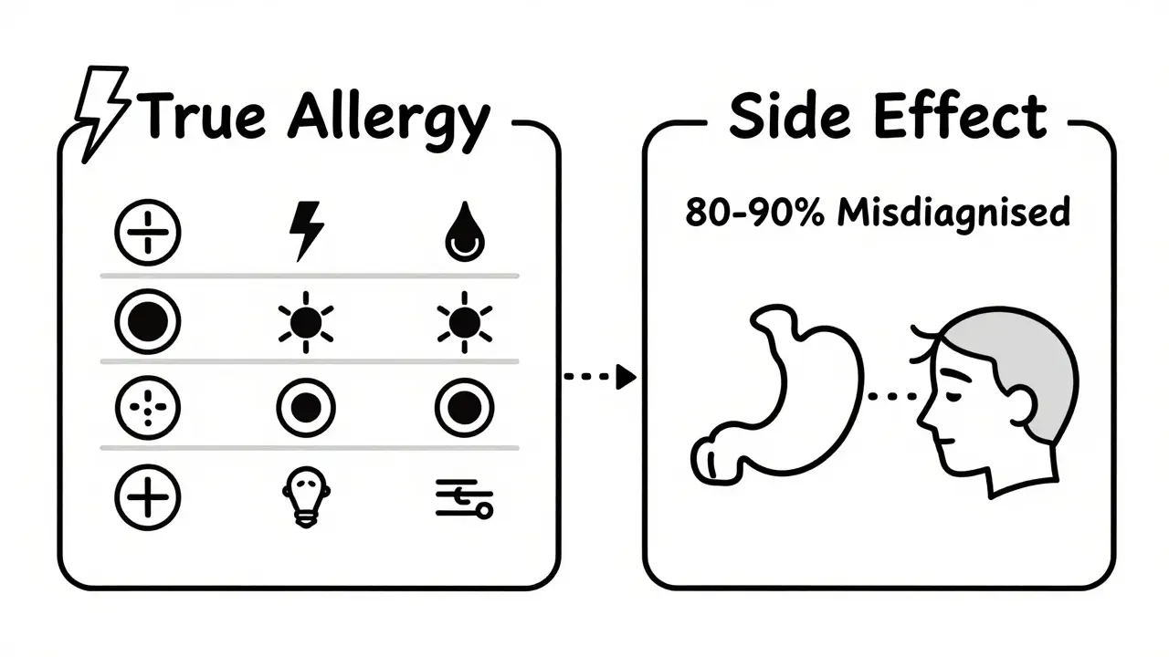 Two medical charts comparing true drug allergy versus side effect