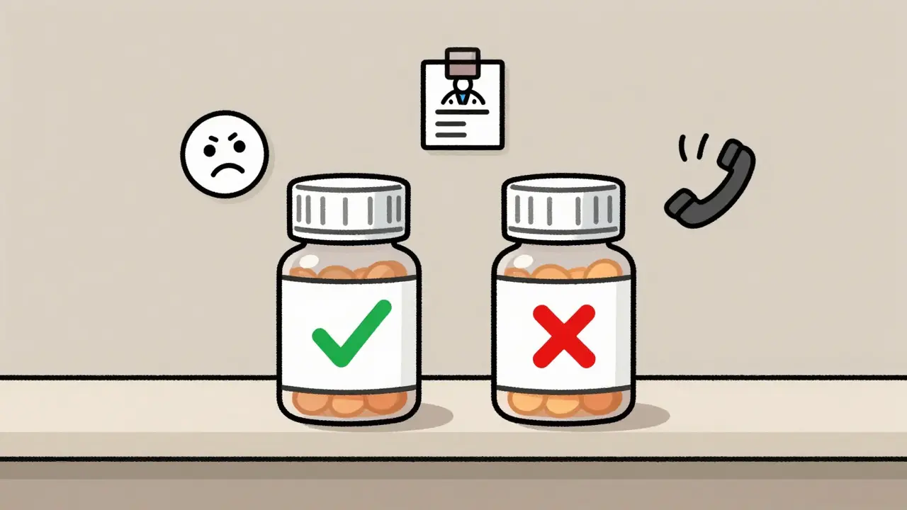 Two pill bottles side by side—one correct, one mislabeled with warning symbols.
