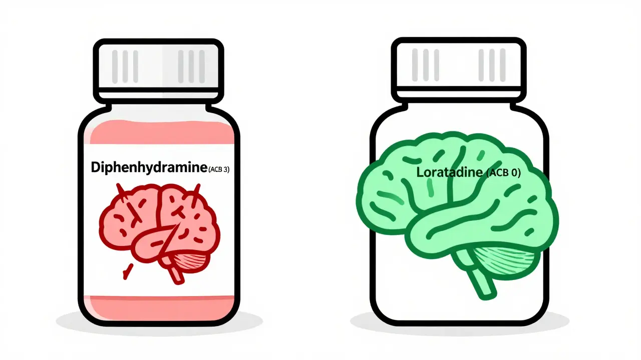 Two pill bottles side by side: one harming the brain, the other safe — visual contrast of risk vs. safety.