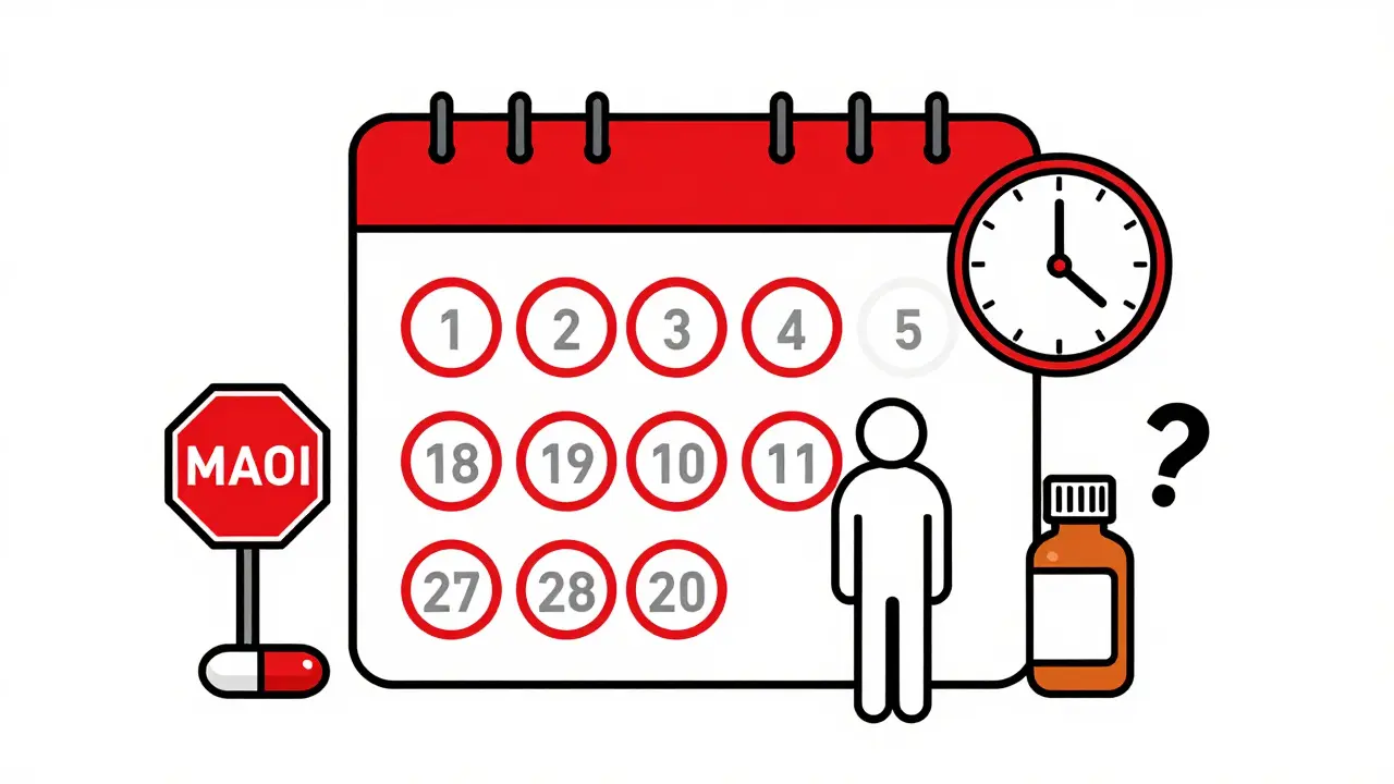 A calendar showing 14 days with a stop sign and cough syrup on either side.