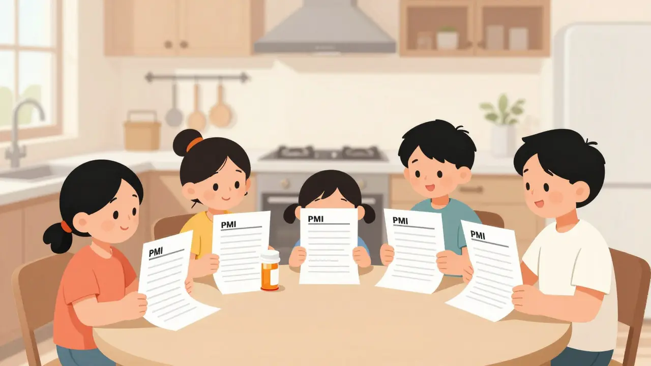 A family at a kitchen table with different prescription bottles and identical clear medication guides laid out together.