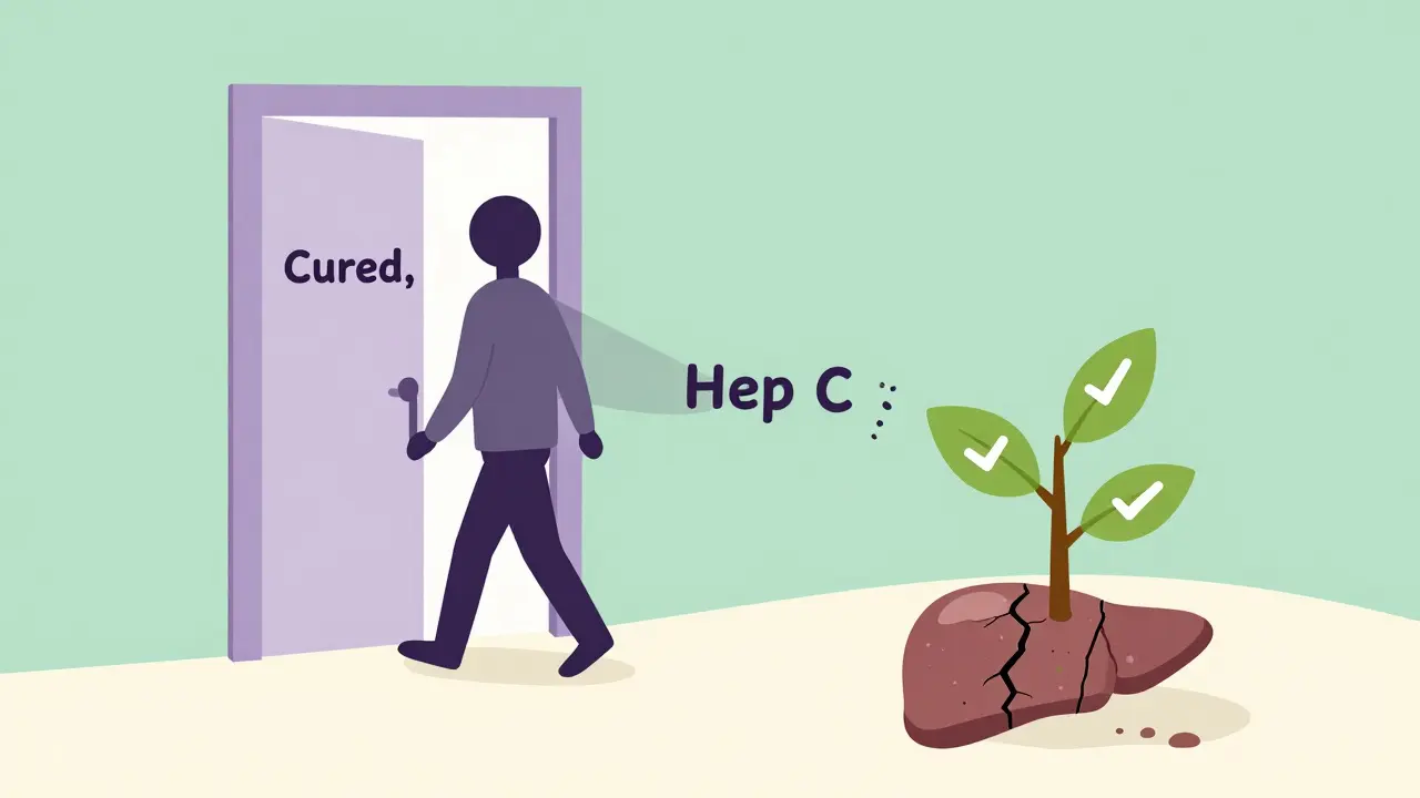 A person walking through a 'Cured' door, leaving behind crumbling hepatitis C shadow.