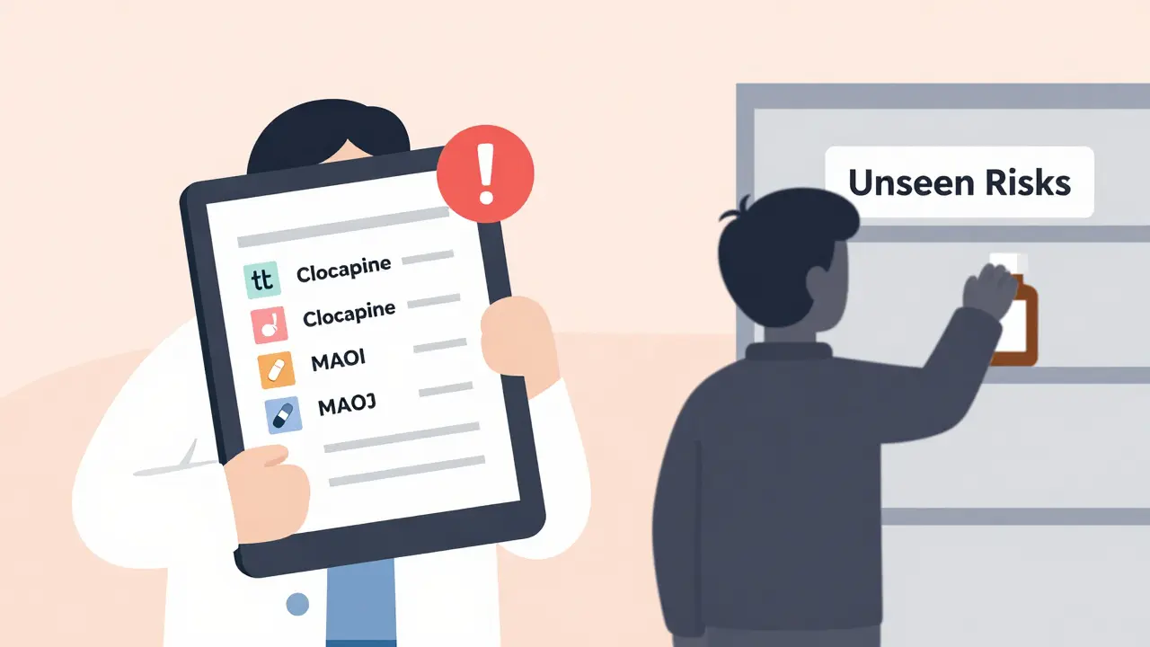 A pharmacist viewing a medication interaction warning on a screen while a patient reaches for over-the-counter medicine.