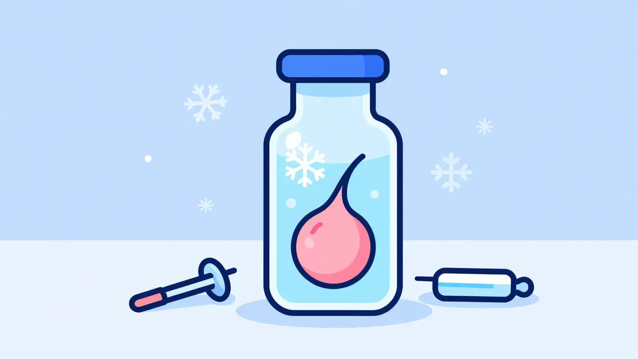 A vial containing frozen embryos in a laboratory