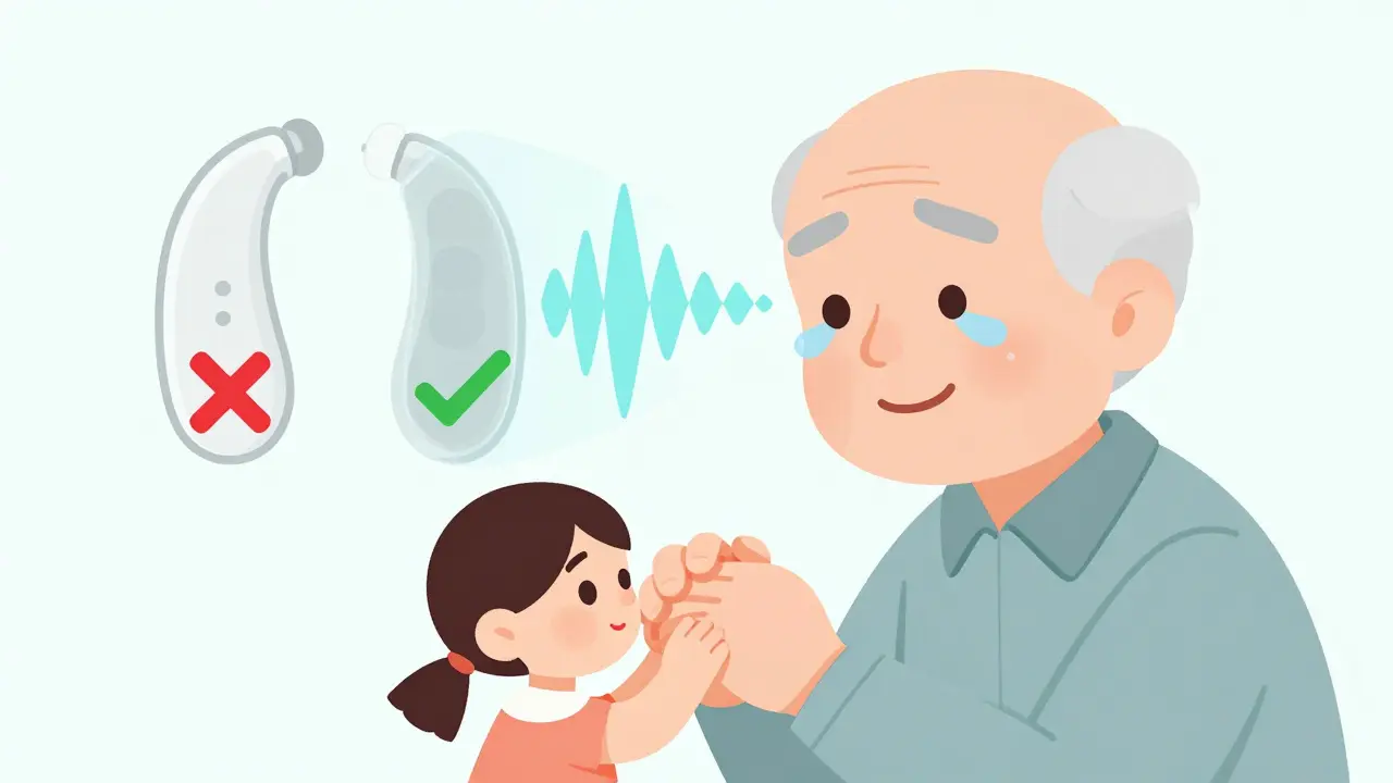 An elderly man crying with joy as he hears his granddaughter speak clearly, with visual representation of improved sound delivery to his ear.