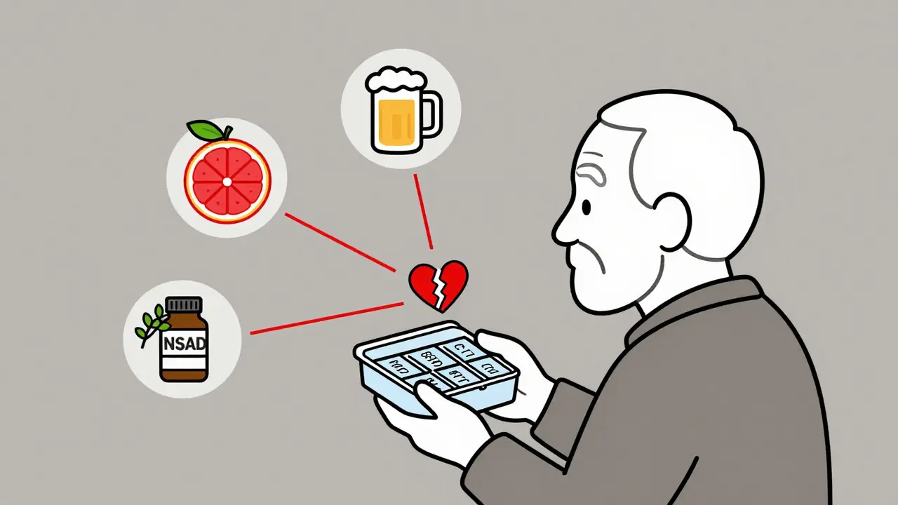 An elderly person with a pill organizer surrounded by dangerous drug combinations like grapefruit, alcohol, and NSAIDs.