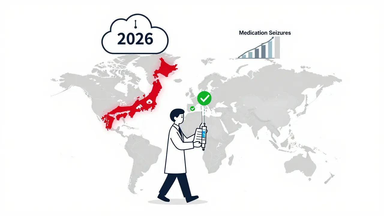 Globe with warning icons over countries and traveler carrying medical device