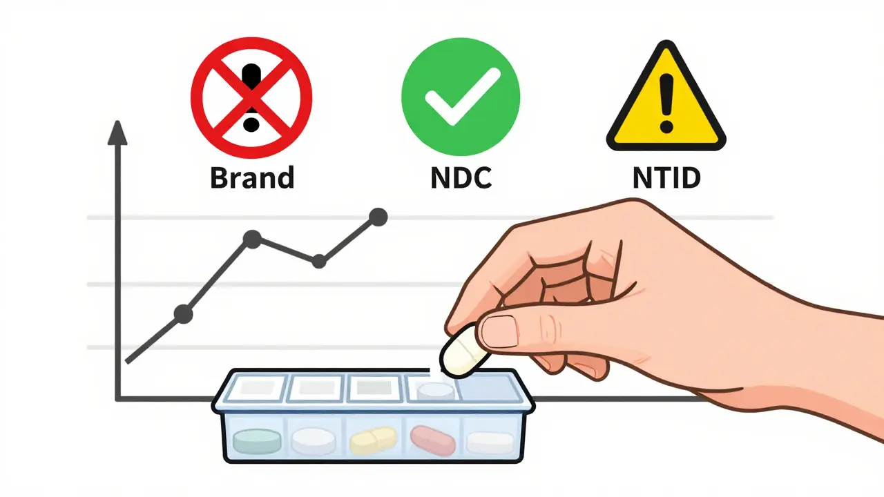 Hand placing a pill into organizer with icons indicating safe, caution, and unsafe pill identifiers.