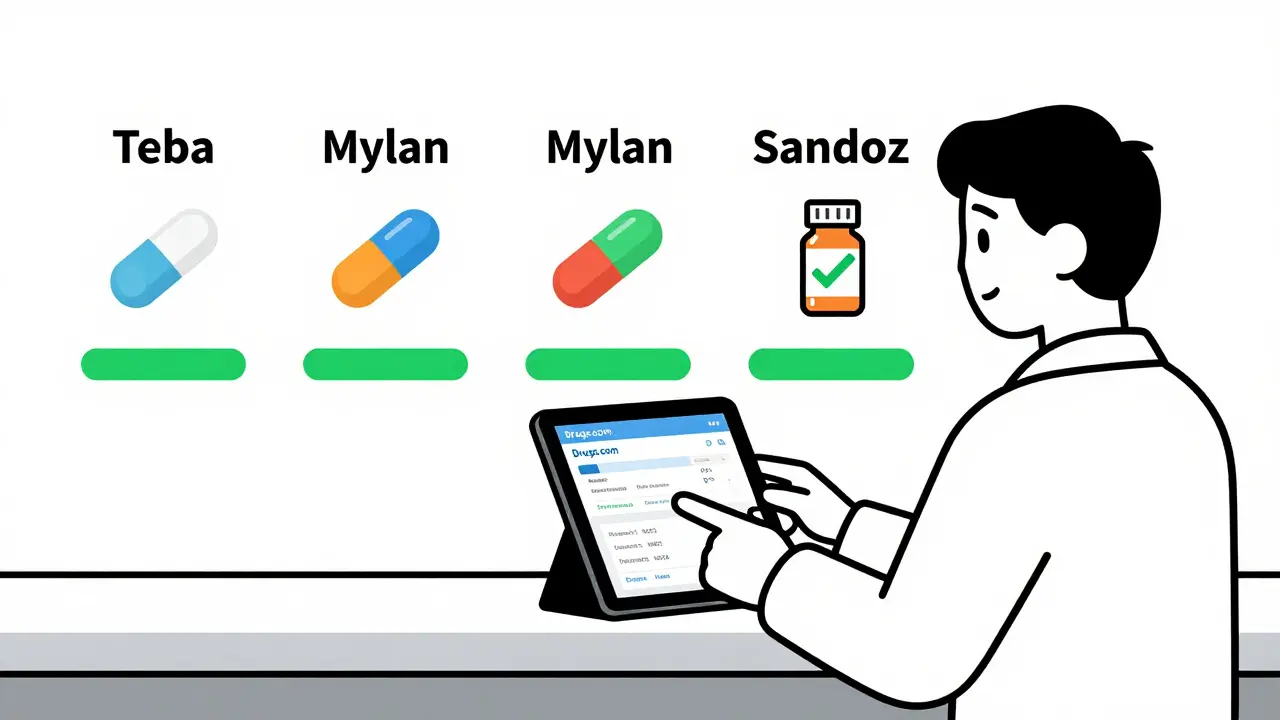 Pharmacist showing a patient matching NDC codes for different generic pill manufacturers on a digital screen.