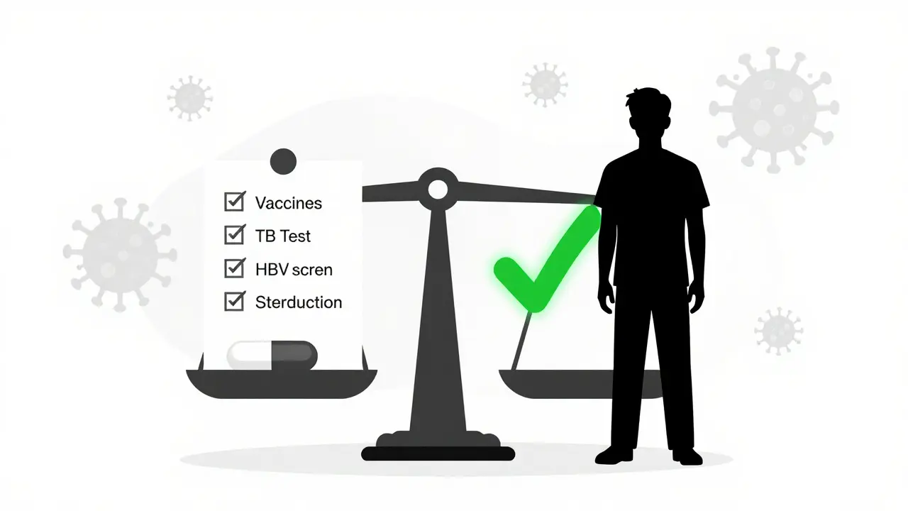 Scale balancing biologic medication against safety steps, with glowing checkmark confirming protection.