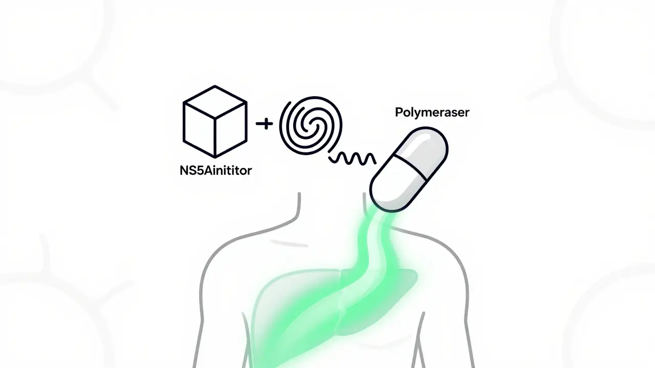 Three abstract drug shapes merging into one pill, emitting healing energy to a liver.