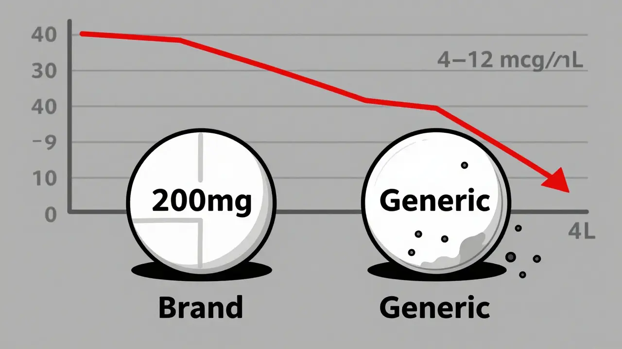 Two carbamazepine pills showing different release patterns, with blood levels dropping below safe range.