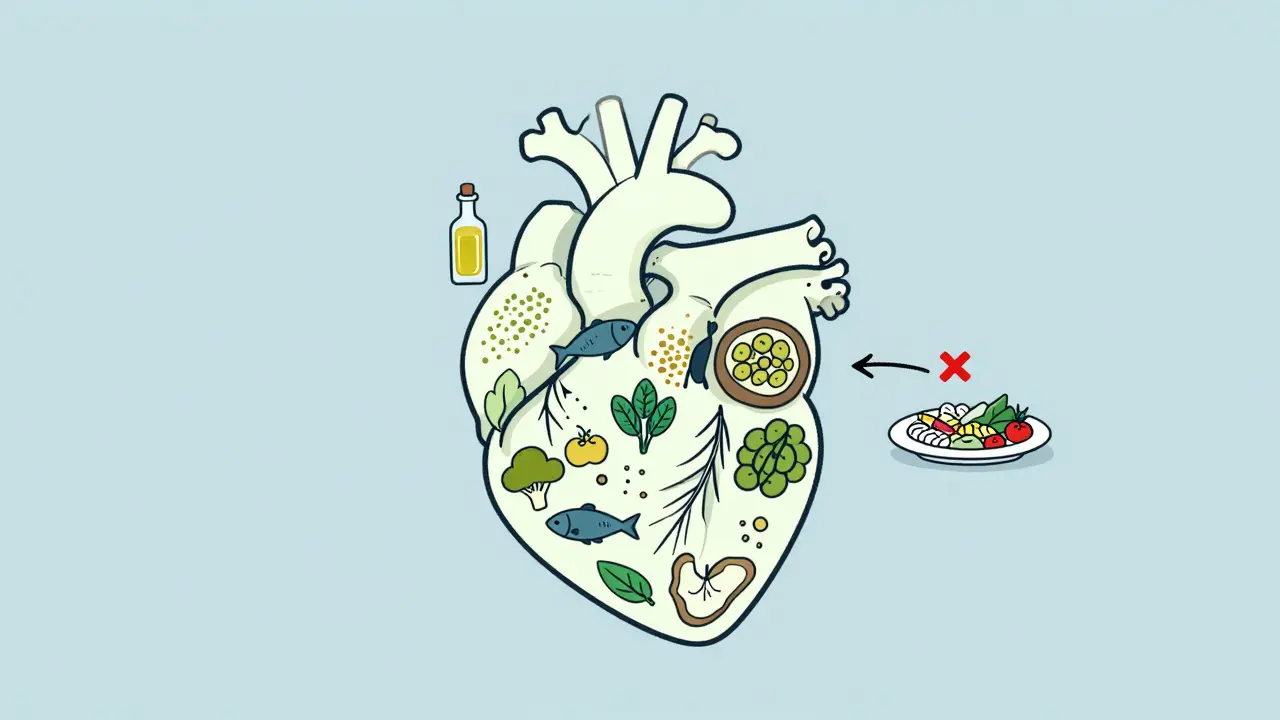 A heart shielded by healthy foods like olive oil, beans, and vegetables, with a processed snack being replaced.