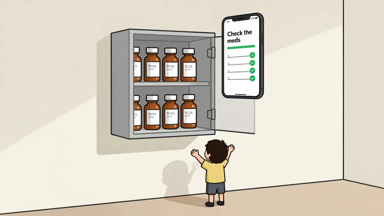 A locked medicine cabinet mounted out of a child's reach, with a phone reminder visible above.