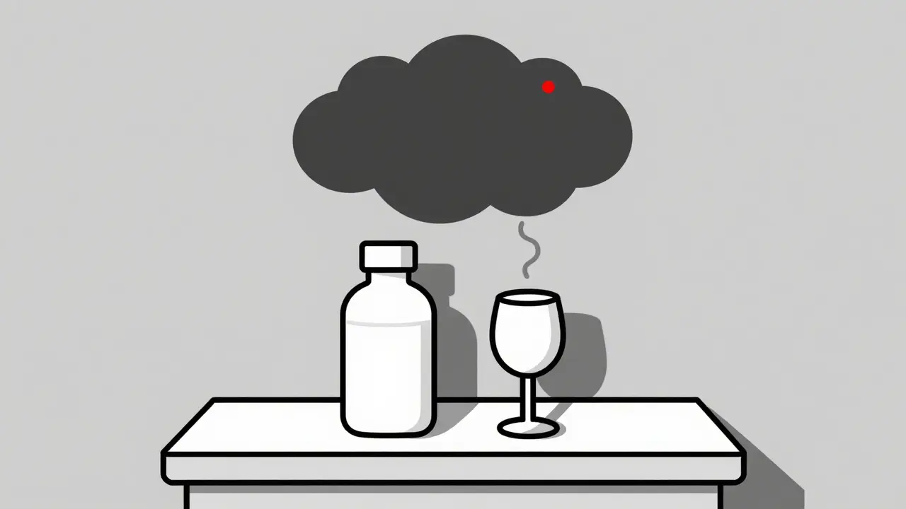 A medicine bottle and wine glass casting a shadow that fades a breath icon.