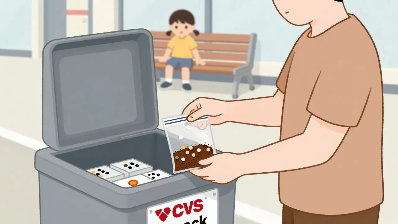 A parent disposing of expired child meds at a pharmacy take-back bin while a child plays safely nearby.