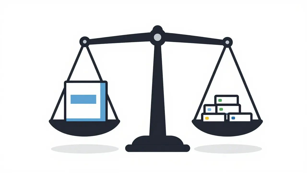Balance scale comparing branded and generic medicine boxes