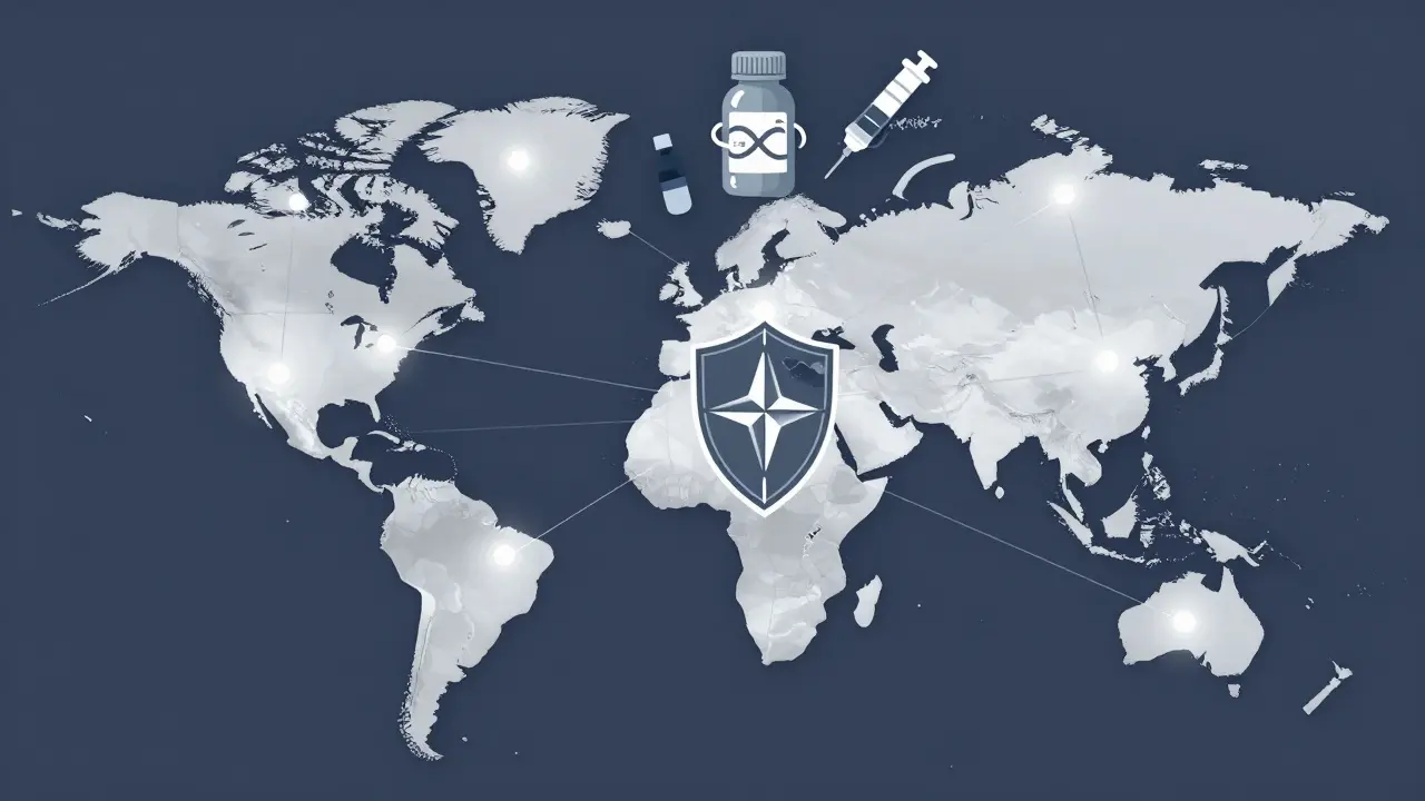 Global map showing NATO countries adopting U.S. military drug shelf-life program.