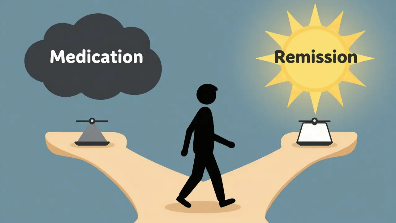 Path with two forks: one leading to medication, the other to remission with a balancing scale