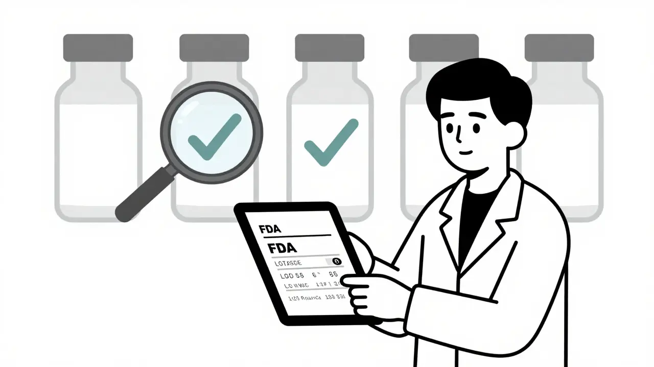 Pharmacist verifying a drug lot number on a digital FDA database screen.