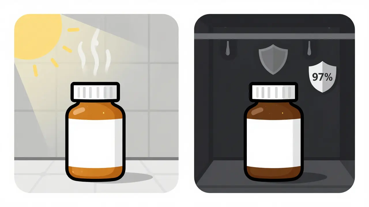 Side-by-side comparison of drug storage conditions: bathroom vs. cool closet.