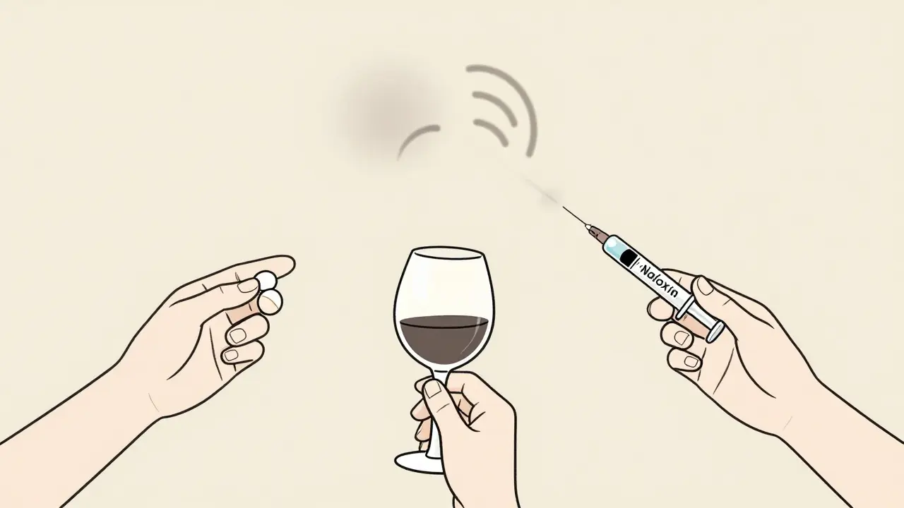 Three hands reach for opioid, alcohol, and naloxone—but breath fades despite intervention.