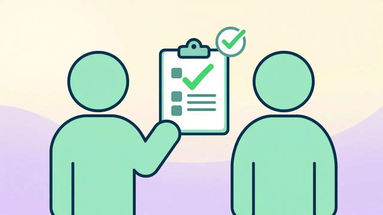 Two figures consulting over a checklist icon, pastel illustration.