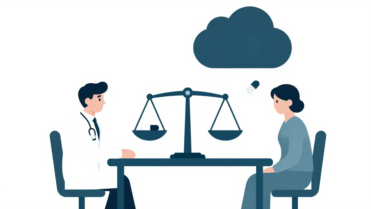 A doctor and parent discussing a scale balancing a medication pill against a dark cloud.