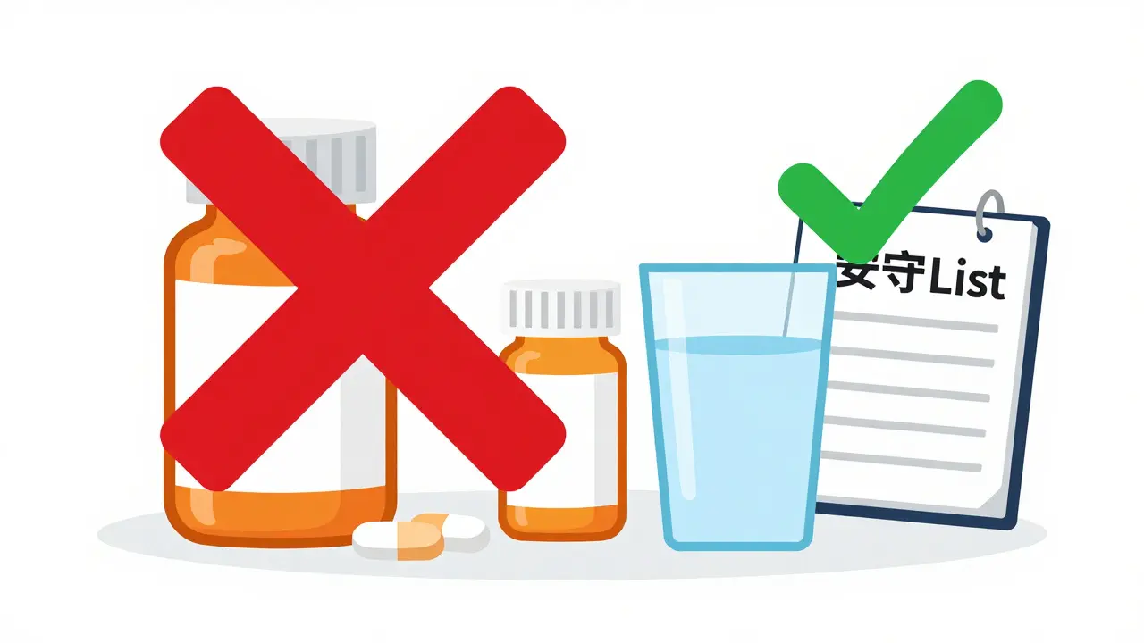A red X over pill bottles and a green checkmark by a safe medication list.