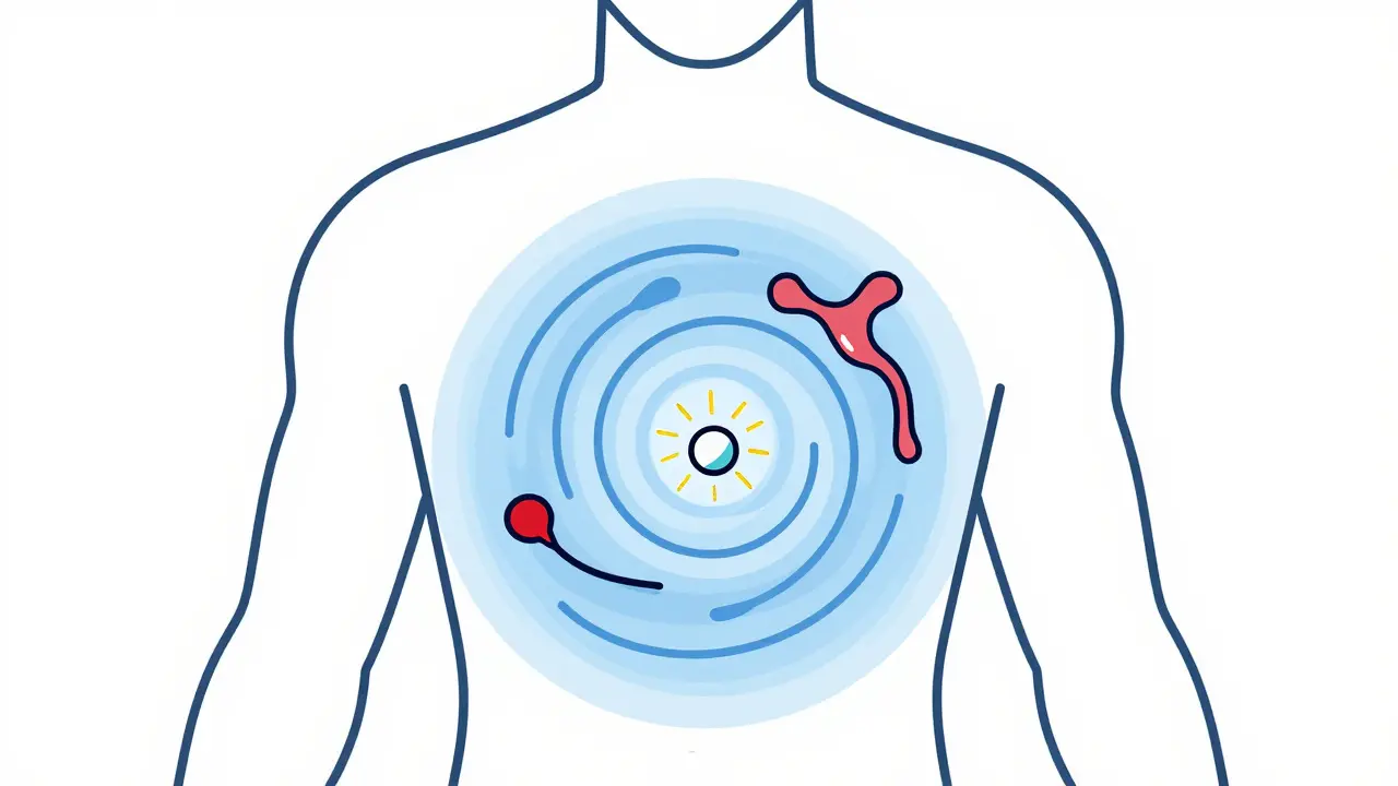 Abstract illustration of a drug molecule triggering an immune response inside a human torso.