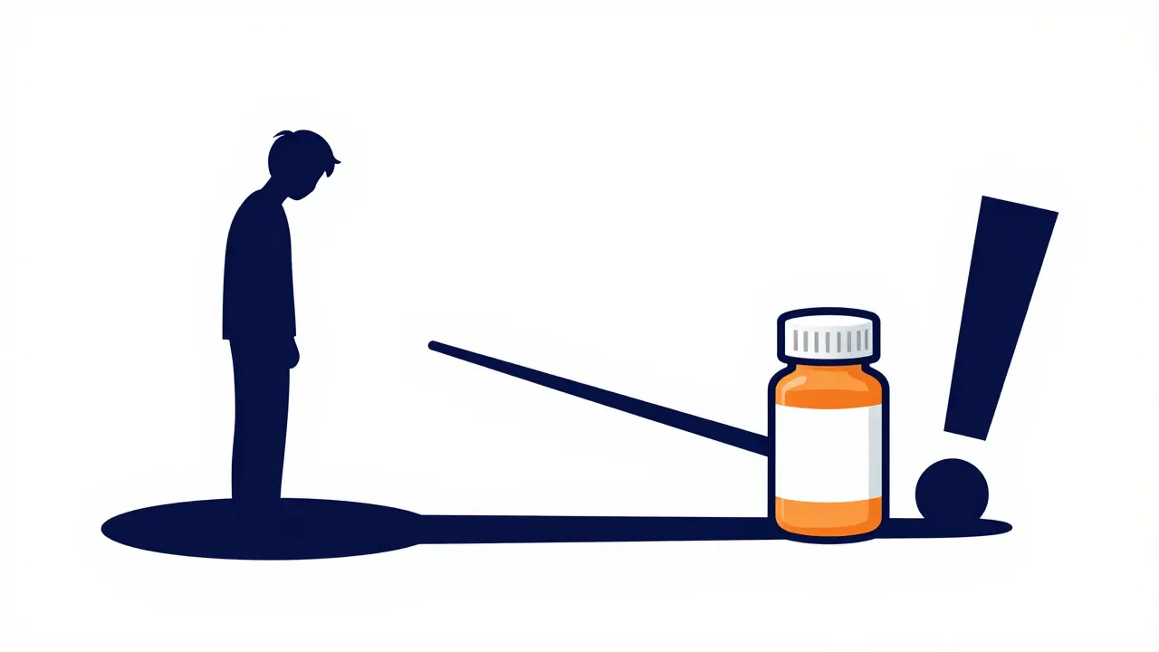 Conceptual illustration of a teen in shadow and a medication bottle separated by a warning sign.